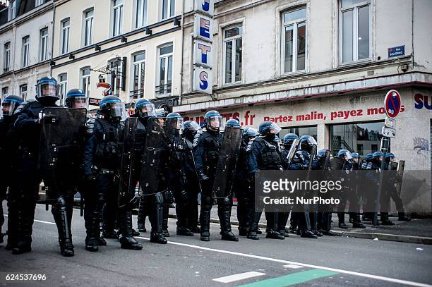 Policemen during an anti-facist demonstration against the far-right group &quot;Generation Identitaire&quot;, the youth branch of the regionalist...