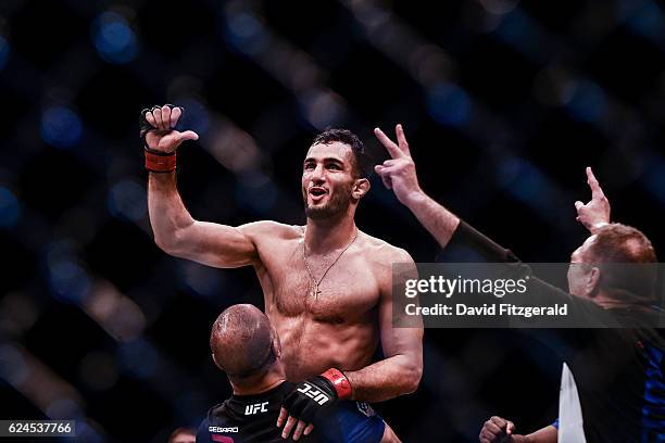 Northern Ireland , Ireland - 19 November 2016; Gegard Mousasi celebrates after defeating Uriah Hall following their Middleweight bout at UFC Fight...