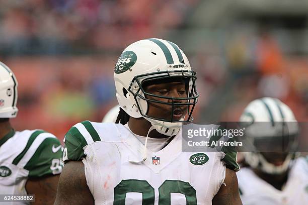 Defensive Lineman Steve McLendon of the New York Jets follows the action against the Cleveland Browns at FirstEnergy Stadium on October 30, 2016 in...