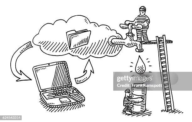 computer data cloud leak theft drawing - cloud computing white background stock illustrations