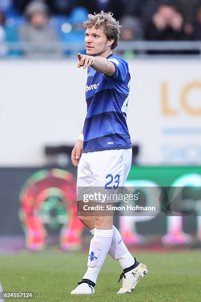 Florian Jungwirth of Darmstadt gestures during the Bundesliga match between SV Darmstadt 98 and FC Ingolstadt 04 at Stadion am Boellenfalltor on...