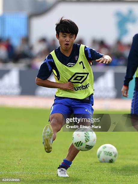 Takefusa Kubo of FC Tokyo U-23 warms up during the J.League third division match between FC Tokyo U-23 and Cerezo Osaka U-23 at Yumenoshima Stadium...