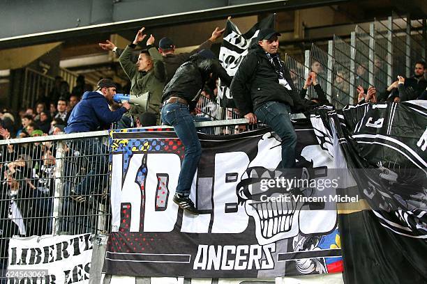 Fans of Angers during the Ligue 1 match between Stade Rennais and Sco Angers at Stade de la Route de Lorient on November 19, 2016 in Rennes, France.