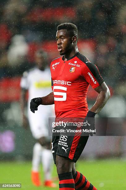 Joris Gnagnon of Rennes during the Ligue 1 match between Stade Rennais and Sco Angers at Stade de la Route de Lorient on November 19, 2016 in Rennes,...