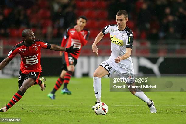 Romain Thomas of Angers during the Ligue 1 match between Stade Rennais and Sco Angers at Stade de la Route de Lorient on November 19, 2016 in Rennes,...