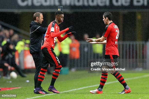 Yoann Gourcuff of Rennes and Adama Diakhaby during the Ligue 1 match between Stade Rennais and Sco Angers at Stade de la Route de Lorient on November...