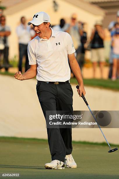 Matt Fitzpatrick of England celebrates holing the winning putt on the 18th green during day four of the DP World Tour Championship at Jumeirah Golf...