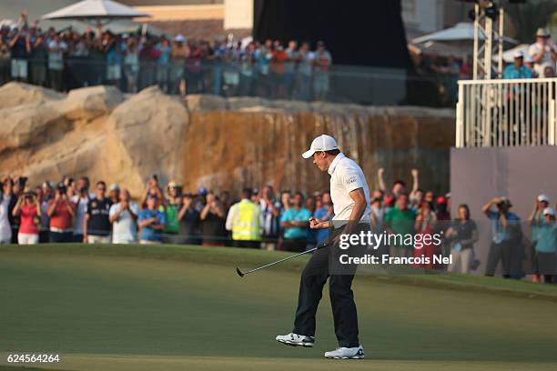 Matt Fitzpatrick of England celebrates holing the winning putt on the 18th green during day four of the DP World Tour Championship at Jumeirah Golf...