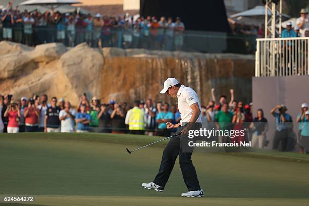 Matt Fitzpatrick of England celebrates holing the winning putt on the 18th green during day four of the DP World Tour Championship at Jumeirah Golf...