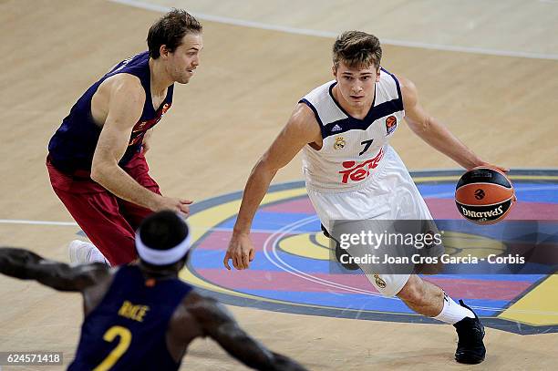 Luka Doncic of Real Madrid, with the ball during the basketball Turkish Airlines Euroleague match between F.C Barcelona Lassa and Real Madrid, on...