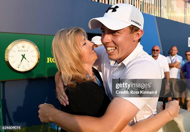 Matthew Fitzpatrick of England celebrates with his mother after the DP World Tour Championship during the final round of the DP World Tour...