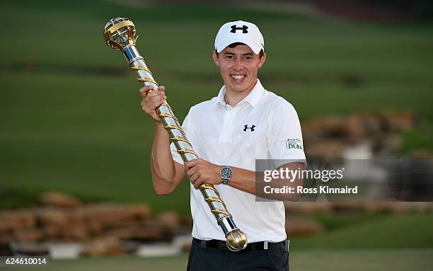 Matthew Fitzpatrick of England with the DP World Tour Championship Trophy after the final round of the DP World Tour Championship at Jumeirah Golf...