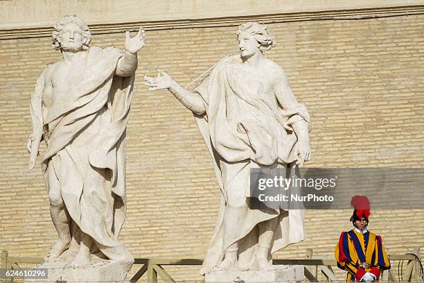 Swiss guard attends a Holy Mass celebrated by Pope Francis for the closing of the Jubilee of Mercy in St. Peter's Square in Vatican City, Vatican on...