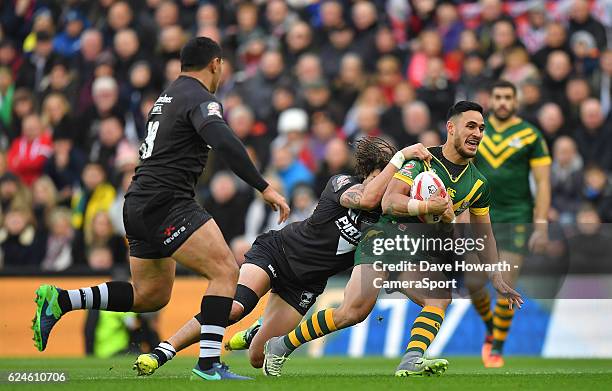 Australia's Valentine Holmes is tackled during the Four Nations match between the New Zealand Kiwis and Australian Kangaroos at Anfield on November...