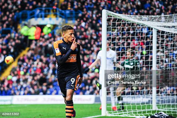 Dwight Gayle of Newcastle United celebrates after scoring the opening goal during the Sky Bet Championship Match between Leeds United and Newcastle...