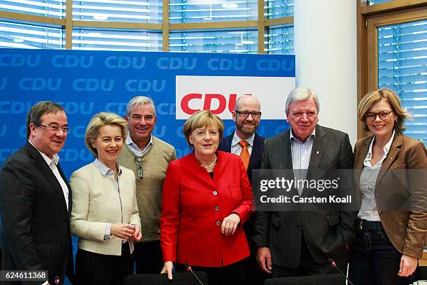 German Chancellor and Chairwoman of the German Christian Democrats Angela Merkel , Armin Laschet , Ursula von der Leyen , Thomas Strobel , Peter...