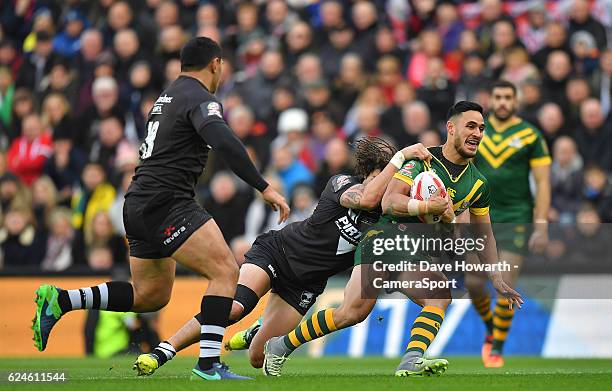 Australia's Valentine Holmes is tackled during the Four Nations match between the New Zealand Kiwis and Australian Kangaroos at Anfield on November...