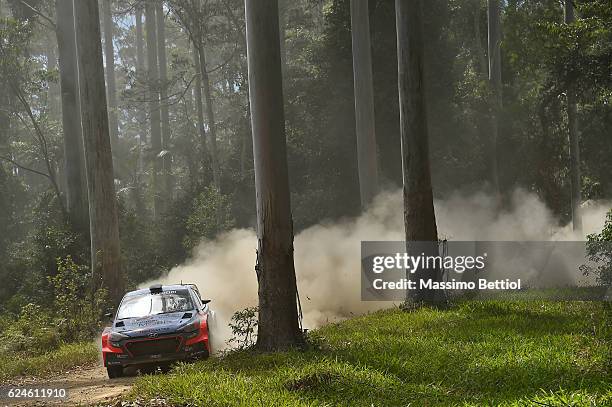 Hayden Paddon of New Zealand and John Kennard of New Zealand compete in their Hyundai Motorsport WRT Hyundai i20 WRC during Day Three of the WRC...