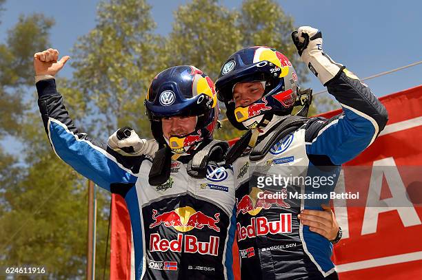 Andreas Mikkelsen of Norway and Anders Jaeger of Norway celebrate their victory during Day Three of the WRC Australia on November 20, 2016 in Coffs...