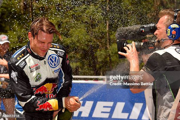 Andreas Mikkelsen of Norway and Anders Jaeger of Norway celebrate their victory during Day Three of the WRC Australia on November 20, 2016 in Coffs...