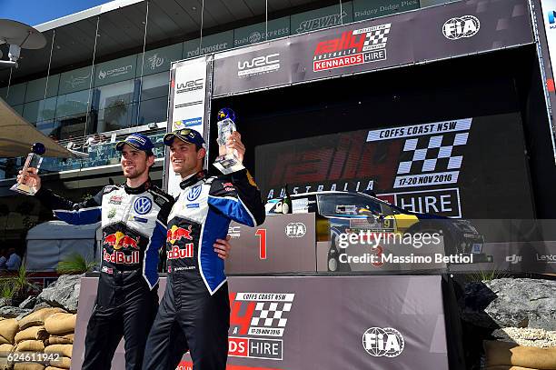 Andreas Mikkelsen of Norway and Anders Jaeger of Norway celebrate their victory during Day Three of the WRC Australia on November 20, 2016 in Coffs...