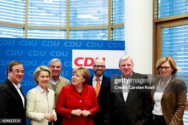 German Chancellor and Chairwoman of the German Christian Democrats Angela Merkel , Armin Laschet , Ursula von der Leyen , Thomas Strobel , Peter...