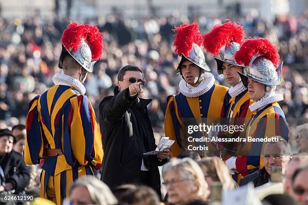 Swiss guards patrol St. Peter's square during the closing mass of the Extraordinary Jubilee of Mercy led by Pope Francis , in St. Peter's Square at...