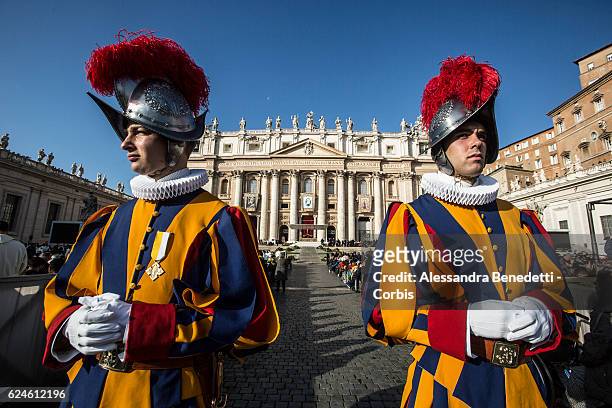 Swiss guards patrol St. Peter's square during the closing mass of the Extraordinary Jubilee of Mercy led by Pope Francis , in St. Peter's Square at...