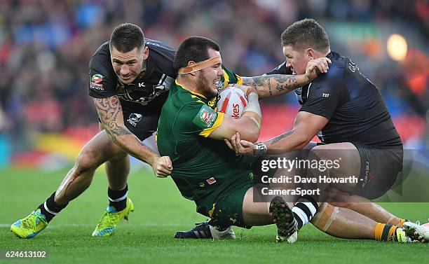 Australia's David Klemmer is brought down during the Four Nations match between the New Zealand Kiwis and Australian Kangaroos at Anfield on November...