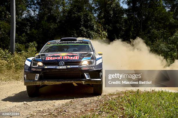 Andreas Mikkelsen of Norway and Anders Jaeger of Norway compete in their Volkswagen Motorsport N Volkswagen Polo R WRC during Day Three of the WRC...