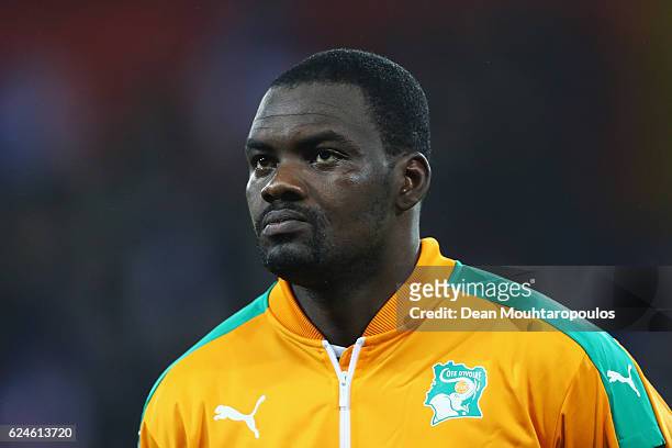 Sylvain Gbohouo of The Ivory Coast stands for the national anthem prior to the International Friendly match between France and Ivory Coast held at...