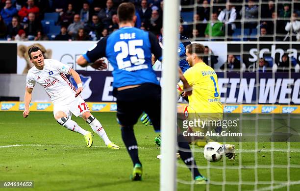 Filip Kostic of Hamburg scores the opening goal during the Bundesliga match between TSG 1899 Hoffenheim and Hamburger SV at Wirsol Rhein-Neckar-Arena...