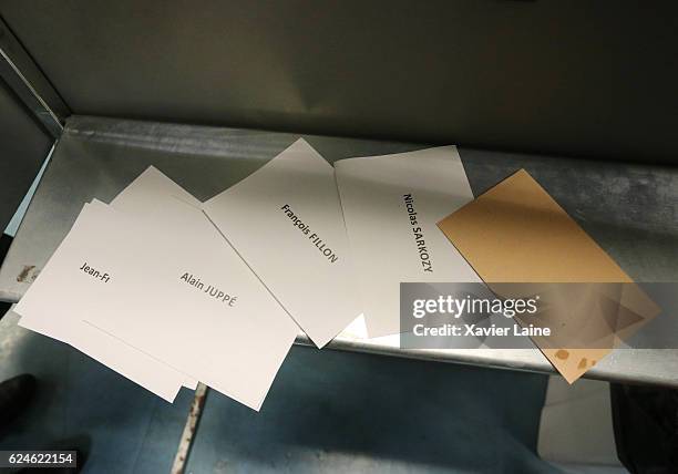 Photo illustration of a ballot paper during the first round of voting in the Republican Party's primary elections at a polling station in the 15th...