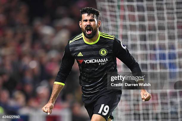 Diego Costa of Chelsea celebrates scoring the opening goal during the Premier League match between Middlesbrough and Chelsea at Riverside Stadium on...