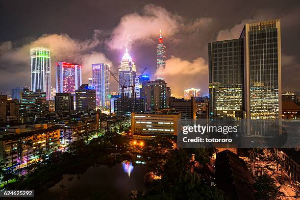 taipei city skyline at night at songshan cultural and creative park (松山文化創意園區) area in taipei (台北) taiwan (台湾) - 台湾 fotografías e imágenes de stock