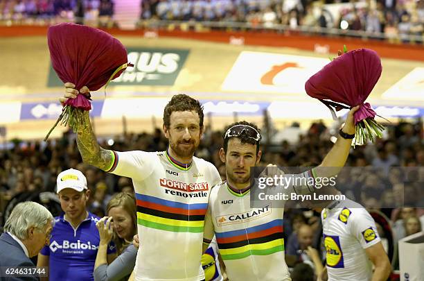 Sir Bradley Wiggins and Mark Cavendish of Great Britain and Team John Saey - Callant celebrate victory after the final day of the 76th 6 Days of Gent...