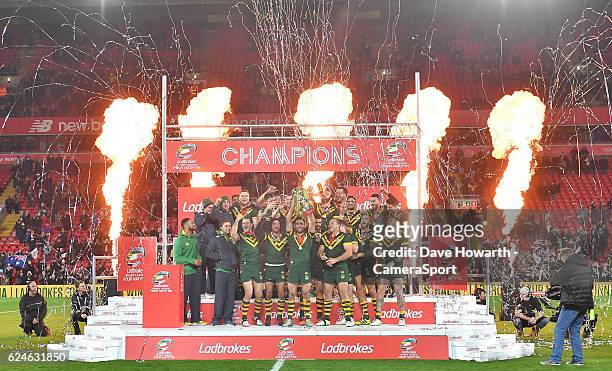 Australia celebrate after the Four Nations match between the New Zealand Kiwis and Australian Kangaroos at Anfield on November 20, 2016 in Liverpool,...