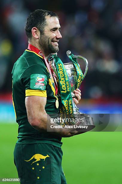 Cameron Smith of Australia celebrates with the trophy after victory in the Four Nations Final between New Zealand and Australia at Anfield on...