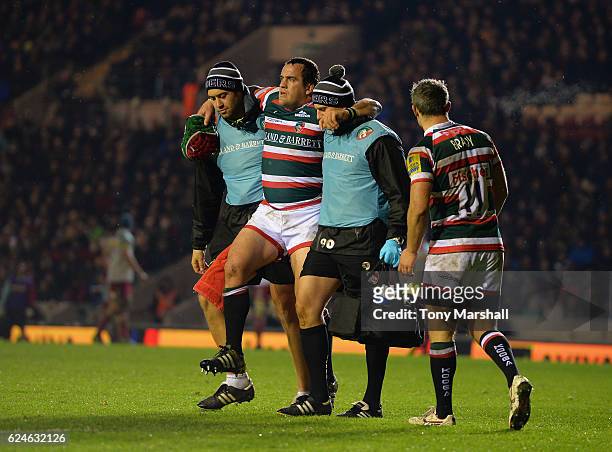 Marcos Ayerza of Leicester Tigers is carried off injured during the Aviva Premiership match between Leicester Tigers and Harlequins at Welford Road...