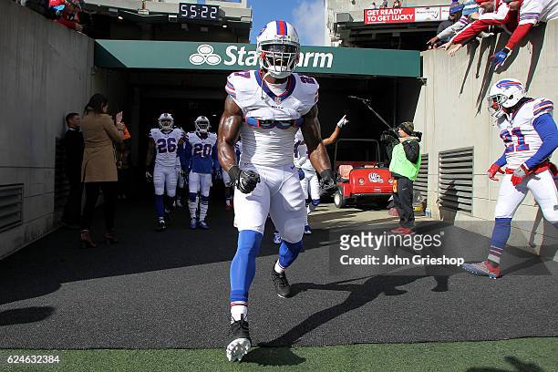 James Ihedigbo of the Buffalo Bills runs out on to the field prior to the start of the game against the Cincinnati Bengals at Paul Brown Stadium on...