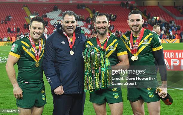 Australia's Head Coach Mal Meninga and Cameron Smith with the trophy after the Four Nations match between the New Zealand Kiwis and Australian...