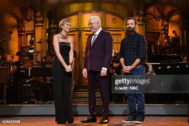 Kristen Wiig" Episode 1711 -- Pictured: Kristen Wiig, Steve Martin, and Will Forte during "Kristen Wiig's Thanksgiving Monologue" on November 19,...