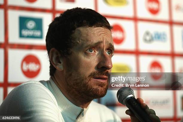 Sir Bradley Wiggins of Great Britain and Team John Saey - Callant talks in a press conference after victory during the final day of the 76th 6 Days...