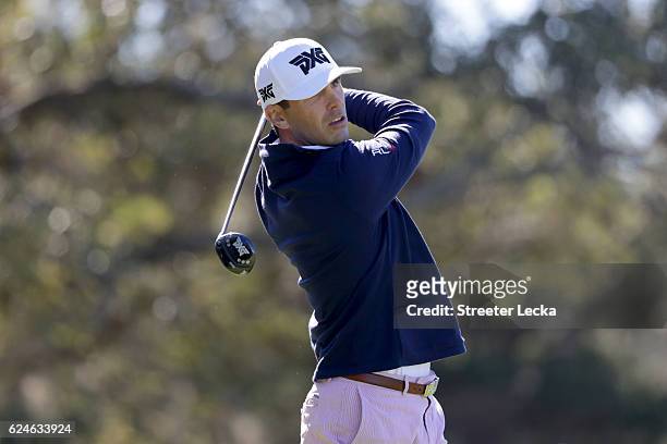 Billy Horschel of the United States plays his tee shot on the 2nd hole during the final round of the RSM Classic at Sea Island Resort Seaside Course...