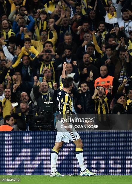 Fenerbahce's Dutch forward Robin Van Persie celebrates after scoring a goal during the Turkish Spor Toto Super Lig football match between Fenerbahce...