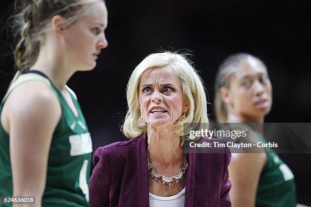 Baylor Head coach Kim Mulkey reacts on the sideline to player Kristy Wallace of the Baylor Bears as the team return to the bench during a timeout in...