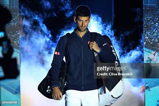 Novak Djokovic of Serbia walks out onto court prior to the Singles Final against Andy Murray of Great Britain at the O2 Arena on November 20, 2016 in...