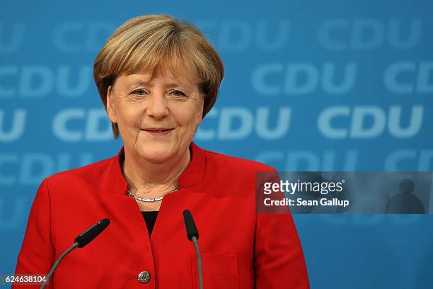 German Chancellor and Chairwoman of the German Christian Democrats Angela Merkel speaks to the media following meetings of the CDU leadership on...
