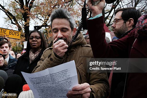 Beastie Boys member Adam Horovitz speaks at a anti-hate rally at a Brooklyn park named in memory of Beastie Boys band member Adam Yauch after it was...