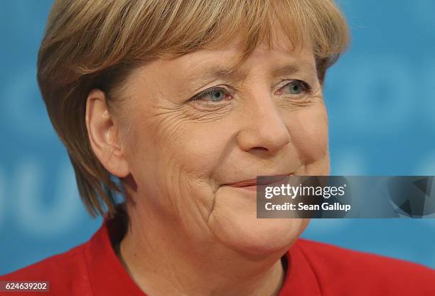 German Chancellor and Chairwoman of the German Christian Democrats Angela Merkel speaks to the media following meetings of the CDU leadership today...